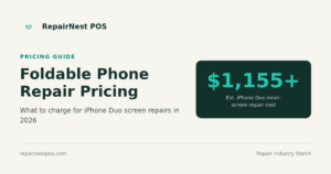 RepairNest POS pricing guide graphic showing the estimated $1,155+ cost to repair an iPhone Duo foldable screen