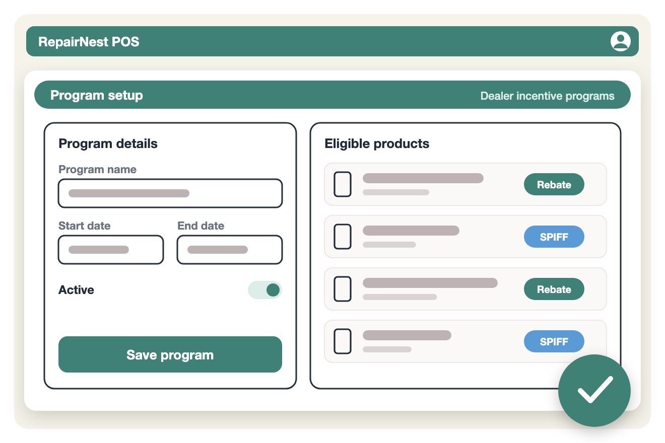 Illustration of dealer incentive program setup with eligible products marked rebate or SPIFF