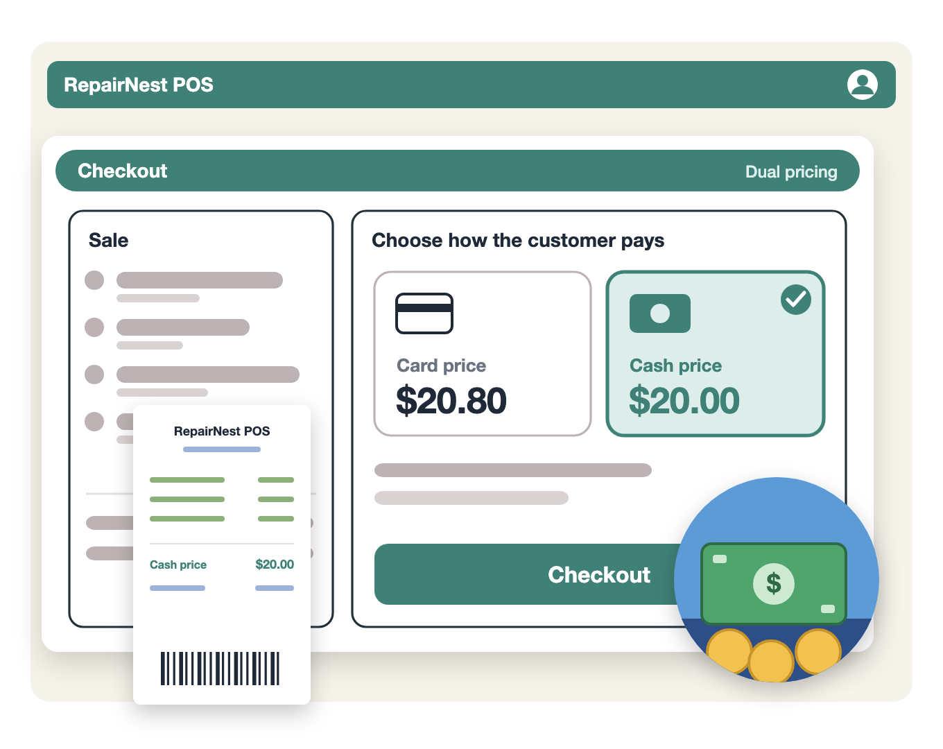 Illustration of RepairNest POS checkout showing a card price and a cash price, with cash selected