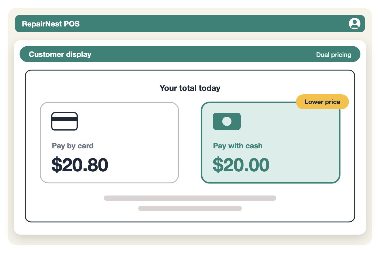 Illustration of a customer display showing the pay by card price and the lower pay with cash price