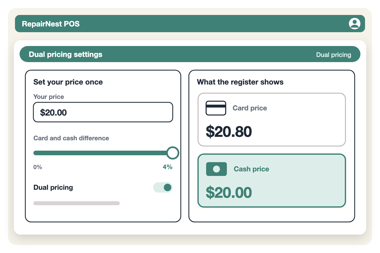 Illustration of dual pricing settings in RepairNest POS with one price and a card and cash difference up to 4%