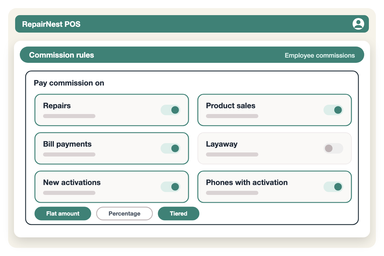 Illustration of commission rules for repairs, product sales, bill payments, layaway and activations