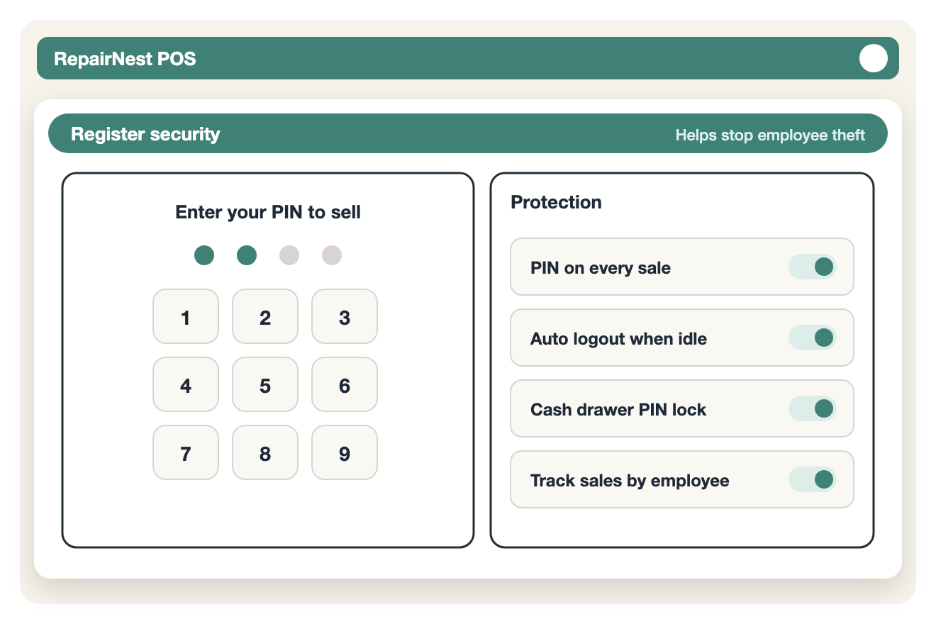 Illustration of RepairNest POS register security: PIN on every sale, auto logout when idle, cash drawer PIN lock and sales tracked by employee