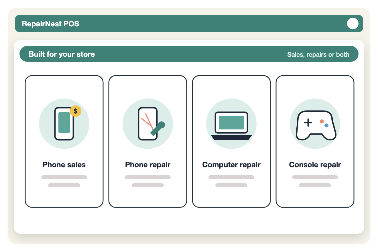 Illustration of the store types RepairNest POS serves: phone sales, phone repair, computer repair and console repair