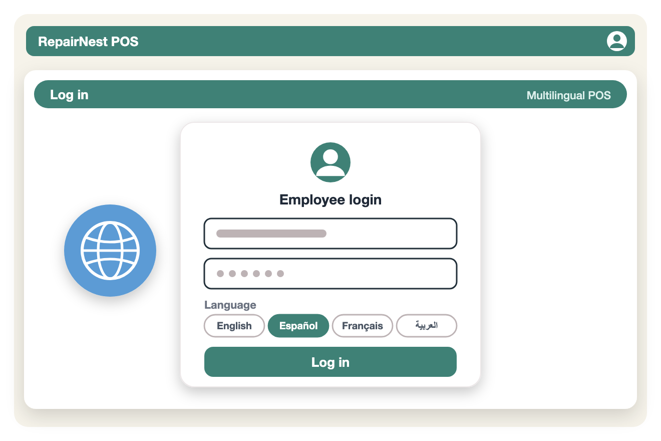 Illustration of an employee login screen with English, Spanish, French and Arabic language choices