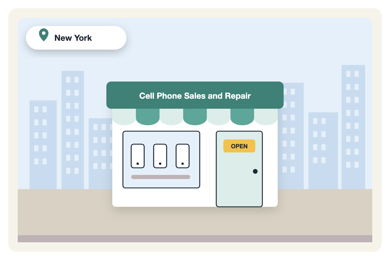 Illustration of a New York cell phone sales and repair store, where RepairNest POS began